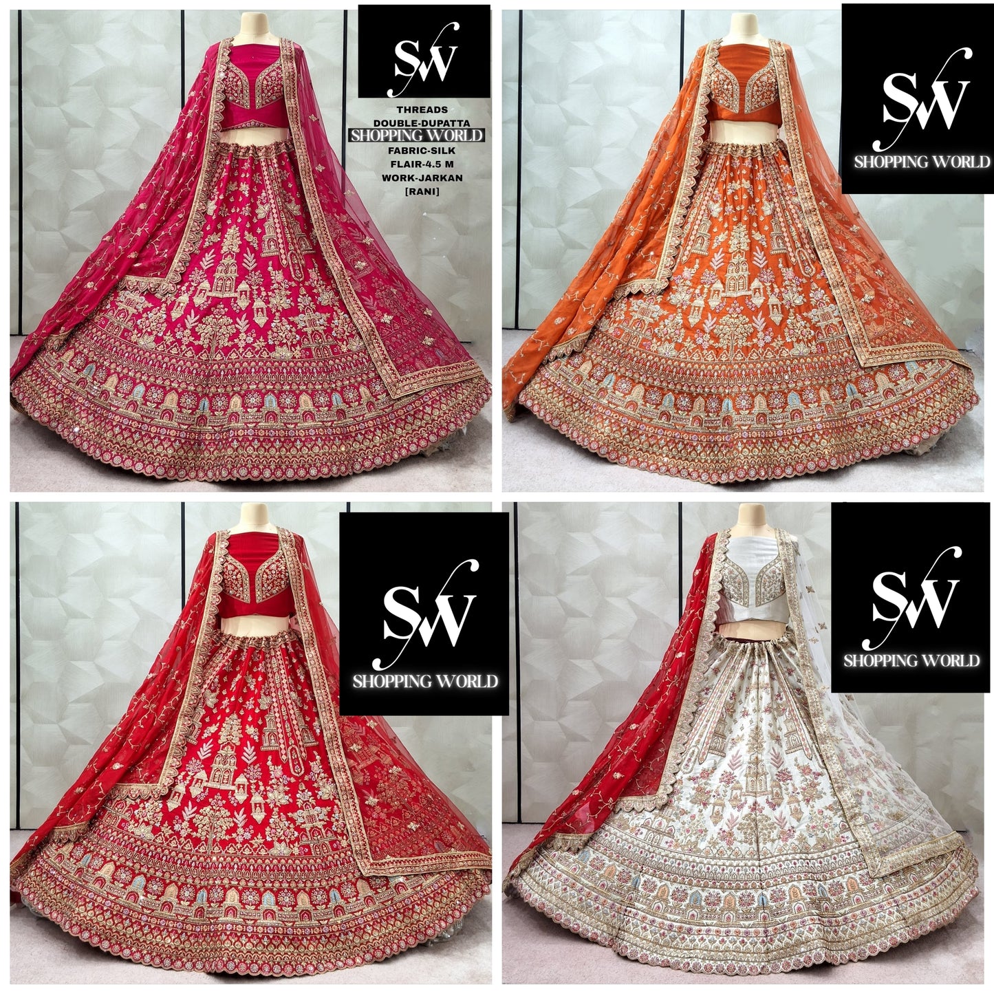 Charming Red Rani pink Rust White Double Duptta Silk Bridal Lehenga