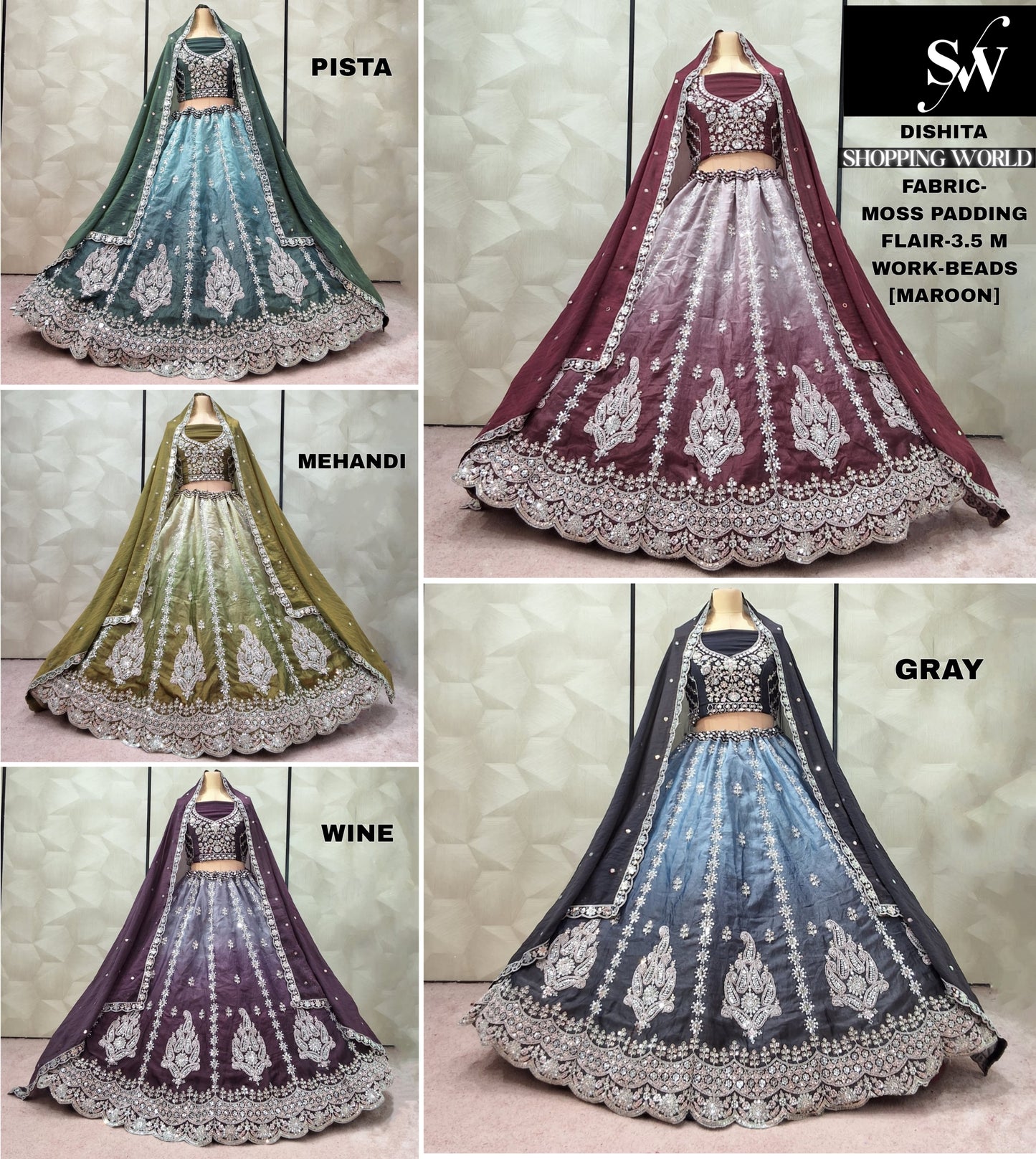 Beautiful Pista green mehendi green Wine Grey maroon Moss padding Lehenga