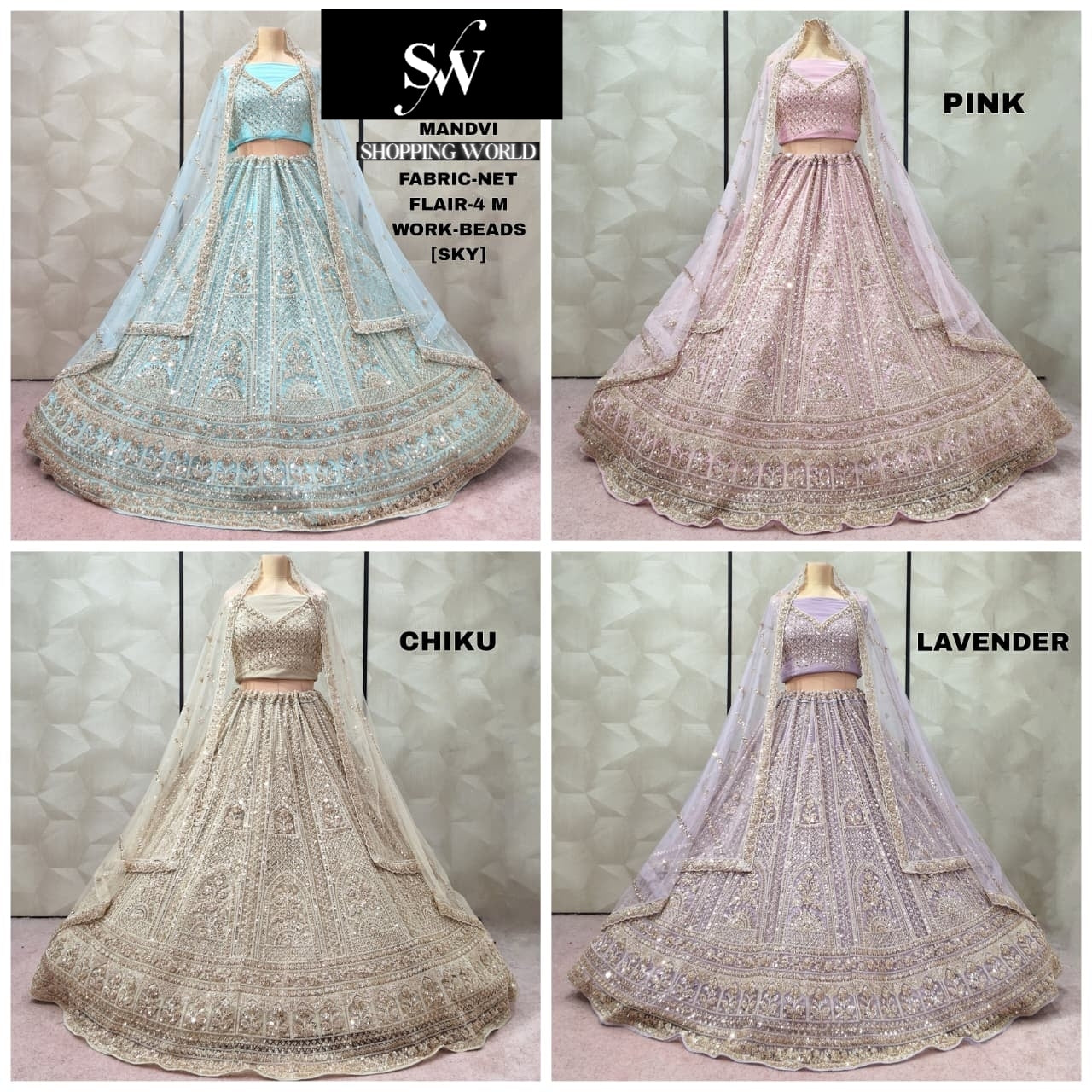 Stunning Sky blue pink Chiku golden Lavender net Lehenga