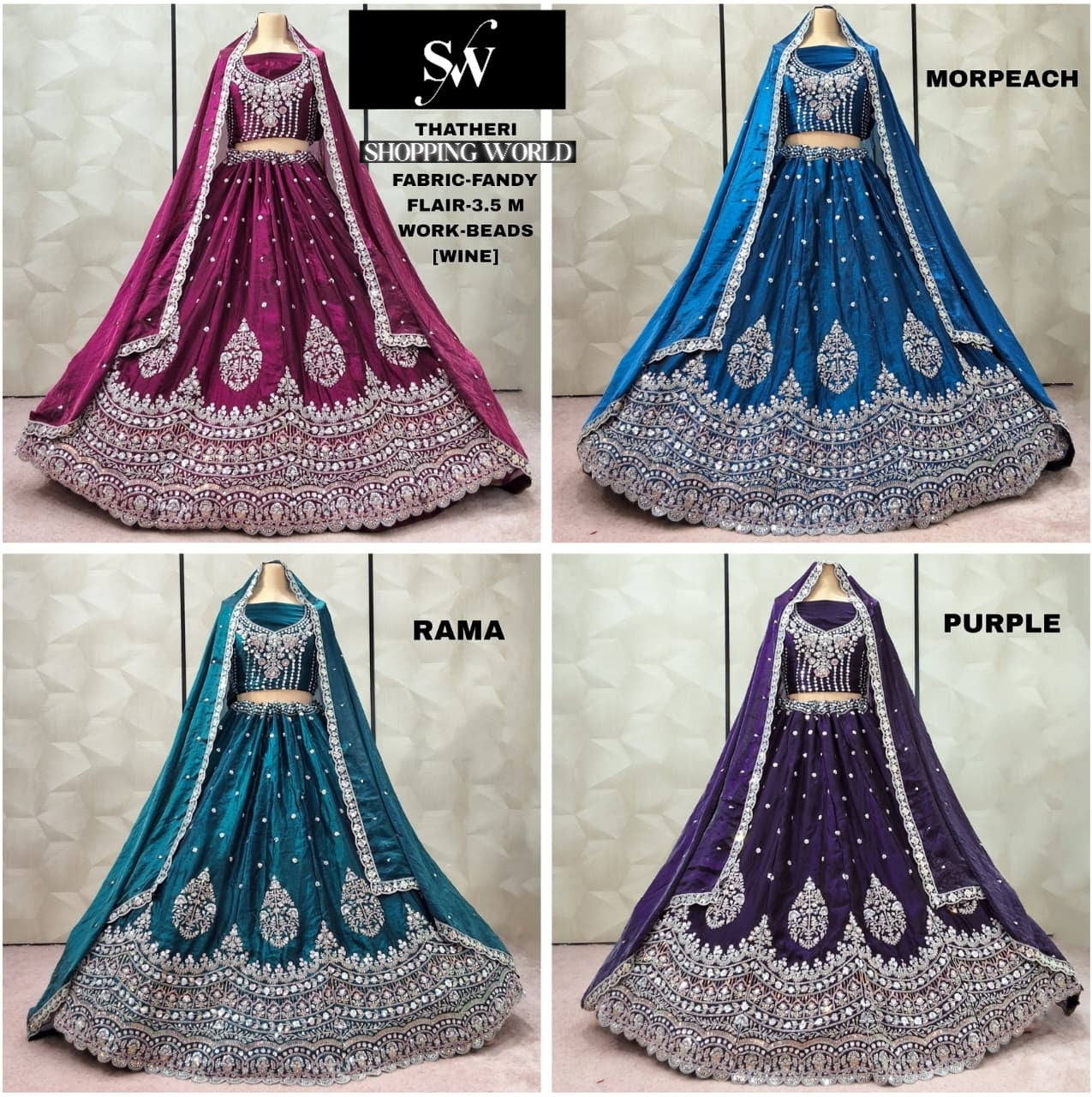 Engaging Wine Rama green Purple Morpeach Blue fendy lehenga