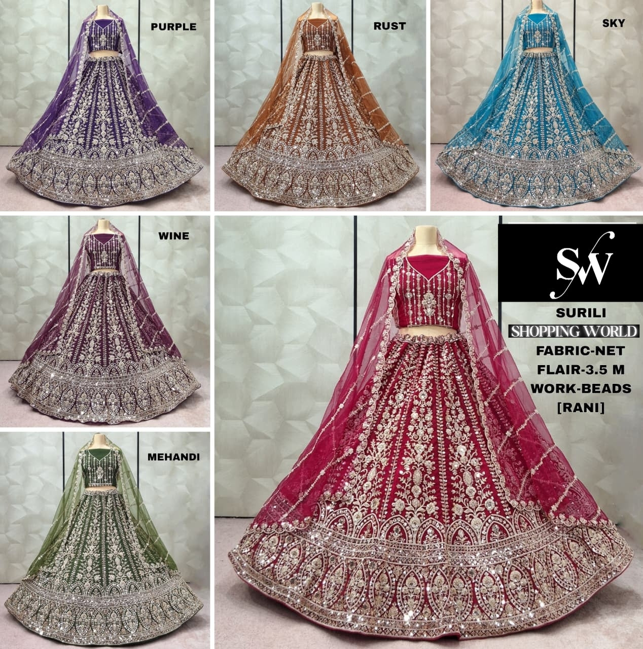 Embellished purple Rust orange Rani pink Sky blue Wine mehendi green net lehenga