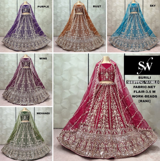 Embellished purple Rust orange Rani pink Sky blue Wine mehendi green net lehenga