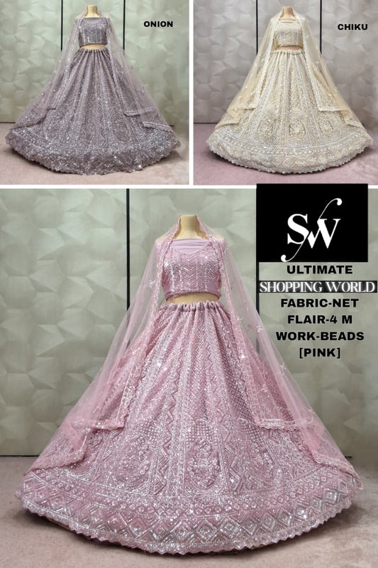 Eye catching Pink Chiku golden Onion pink net lehenga