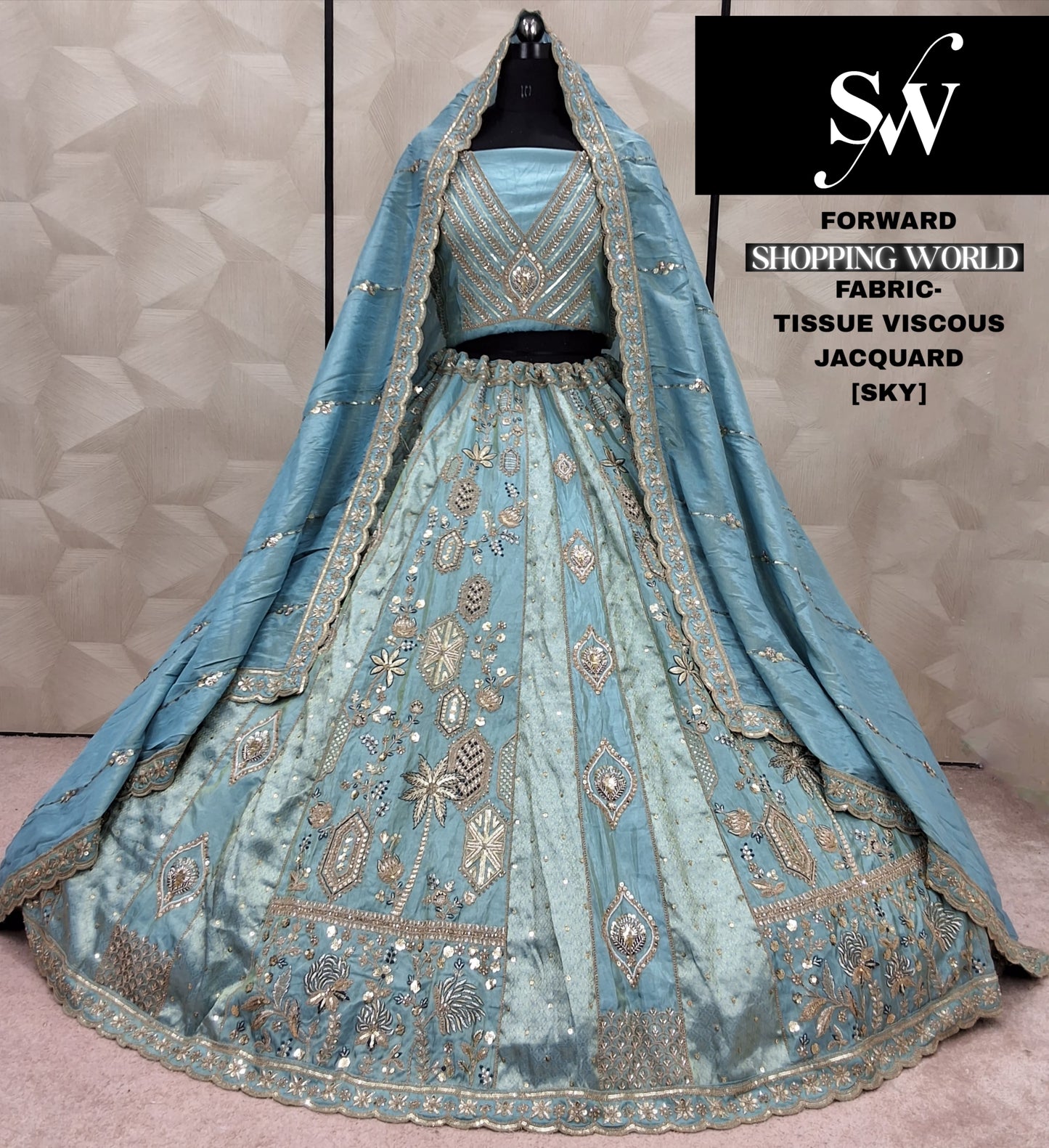 Eye Catching white Chiku golden Tissue Viscous Jacquard Lehenga