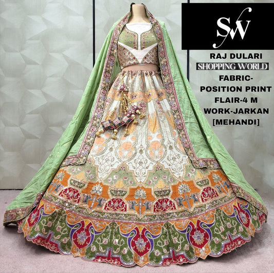 Designer White Mehendi green position paint Jarkan Lehenga