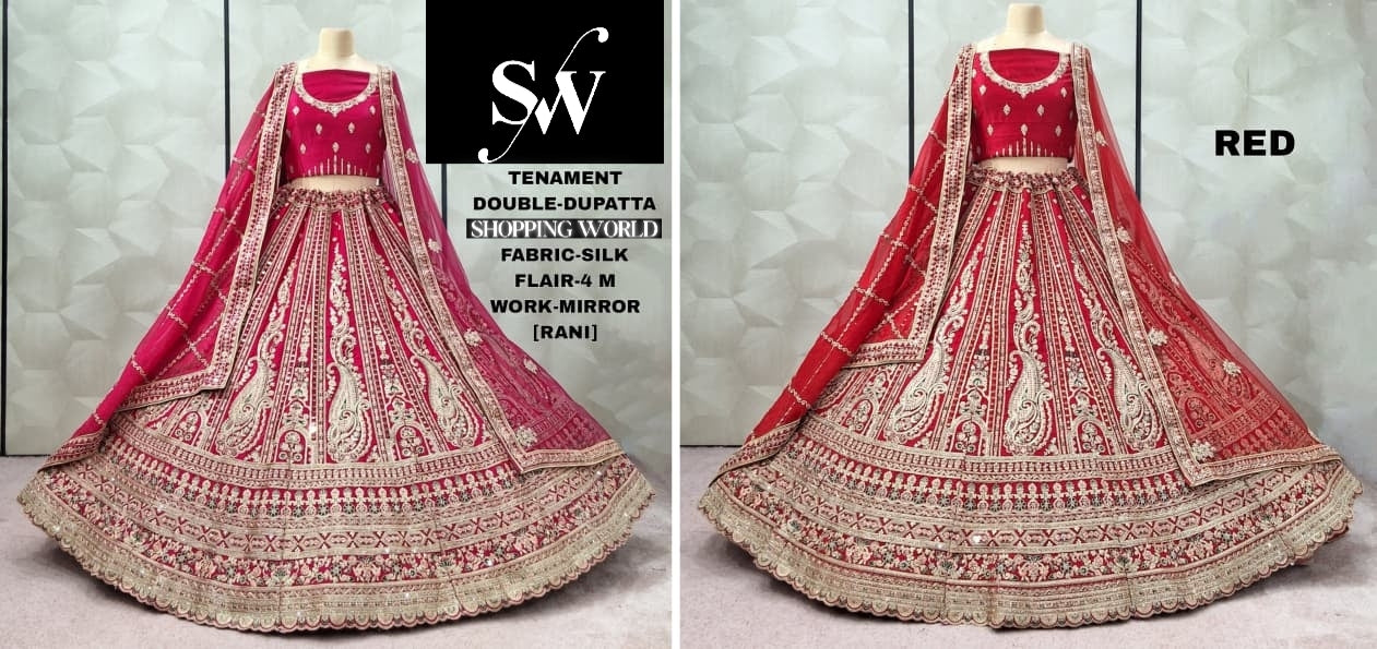 Embellished Red Rani pink Silk Double Duptta peacock Bridal Lehenga
