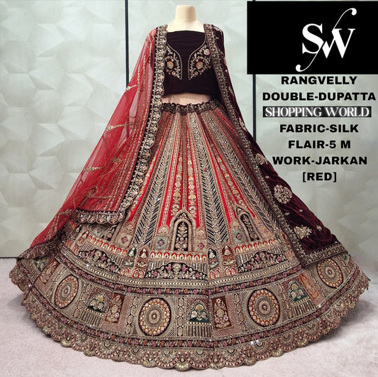 Elegant Red Double Duptta Velvet Bridal Lehenga