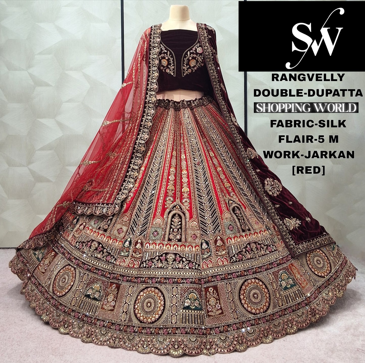 Eye catching Raspberry maroon Double Duptta Velvet Bridal Lehenga