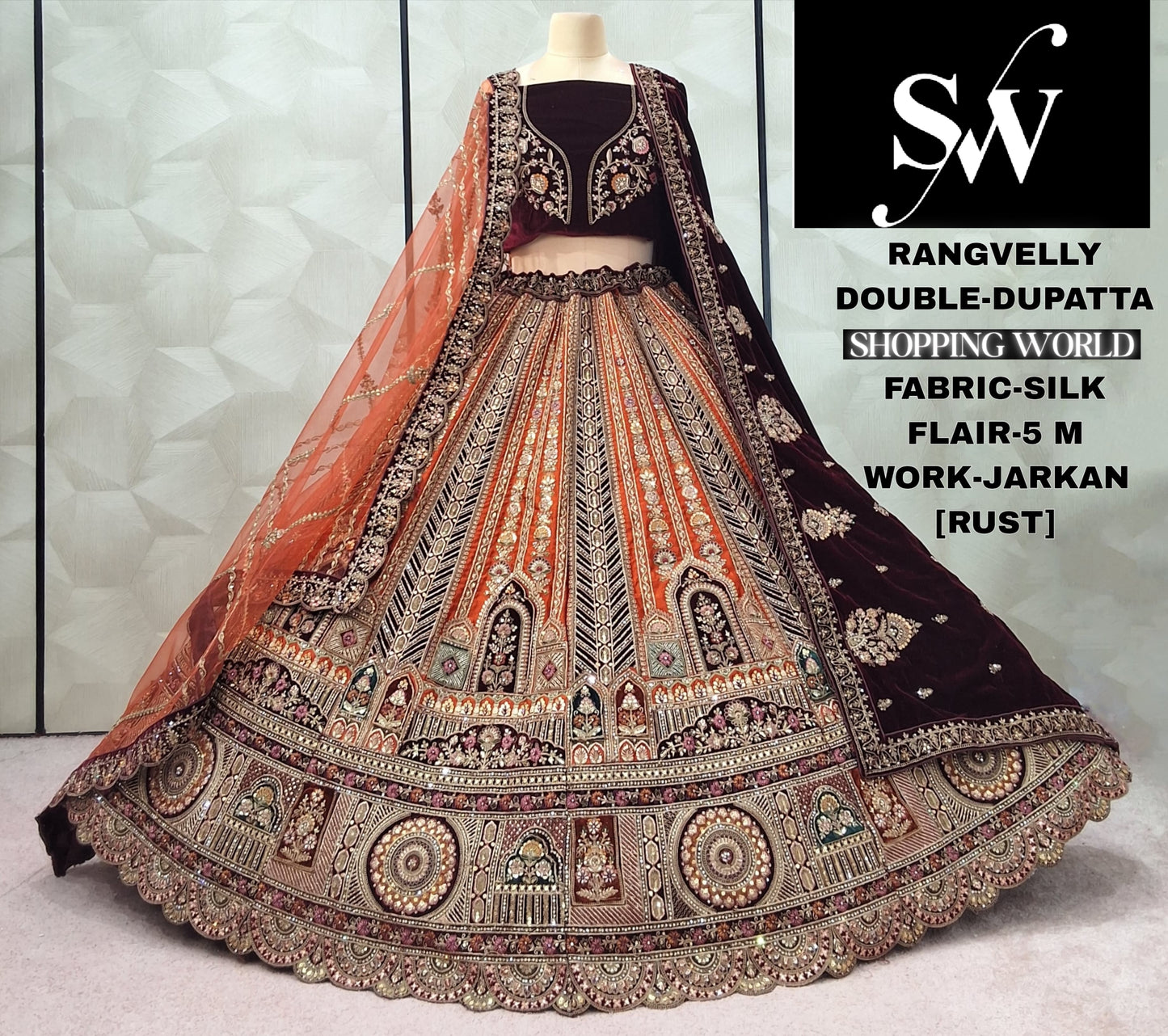 Elegant Red Double Duptta Velvet Bridal Lehenga