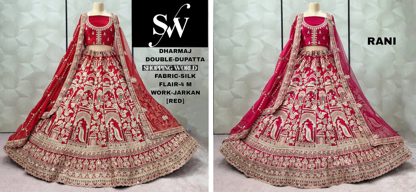 Something Different Rani pink Red Silk Double Duptta peacock Bridal Lehenga