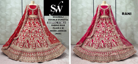 कुछ अलग रानी पिंक रेड सिल्क डबल दुपट्टा मोर ब्राइडल लहंगा