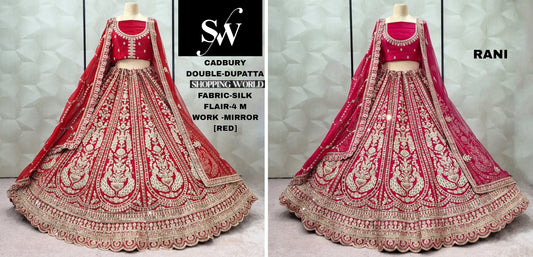 आकर्षक रानी गुलाबी लाल रेशमी डबल दुपट्टा मोर ब्राइडल लहंगा