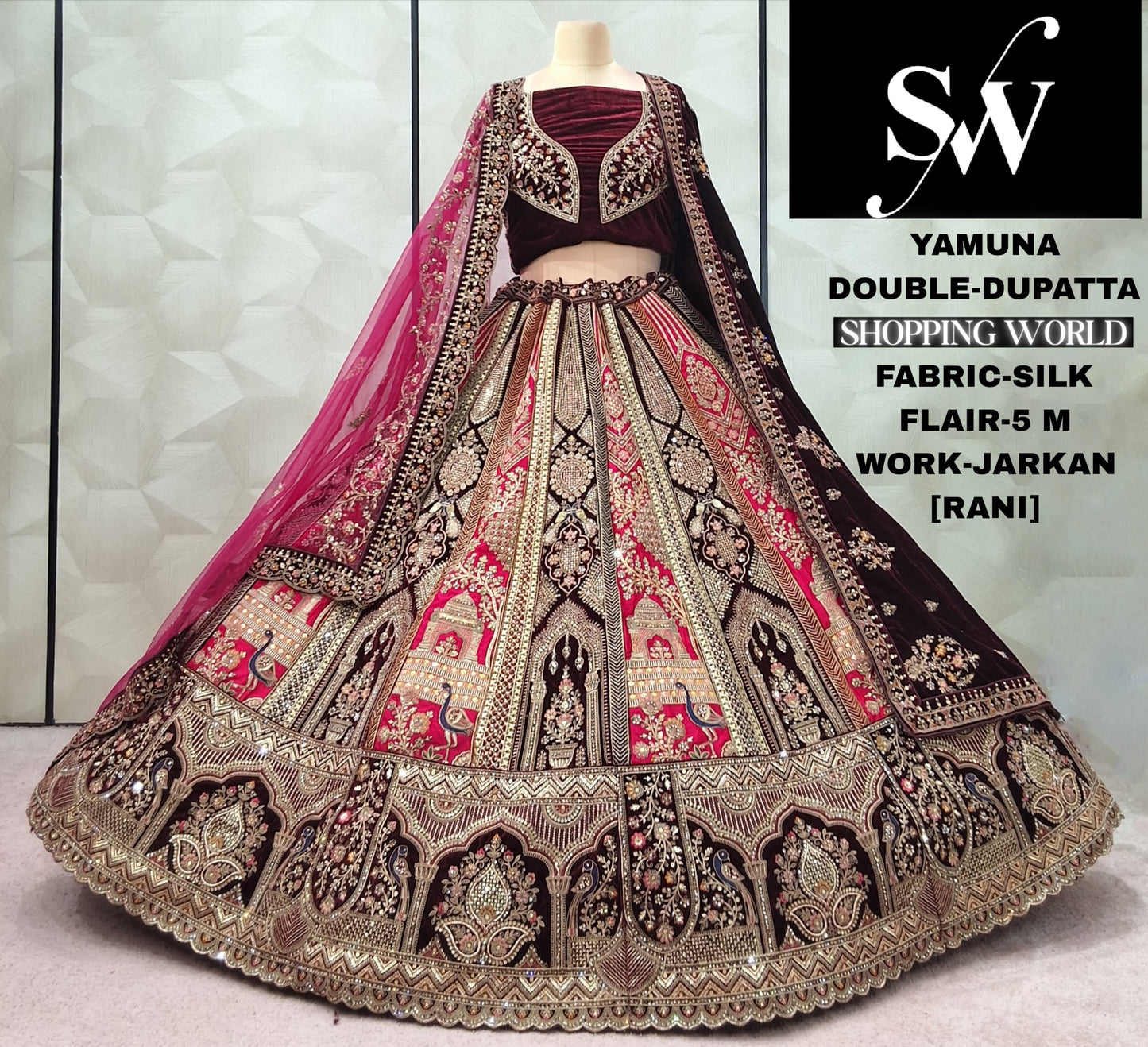 Majestic Dark maroon peacock Double Duptta Velvet Bridal Lehenga