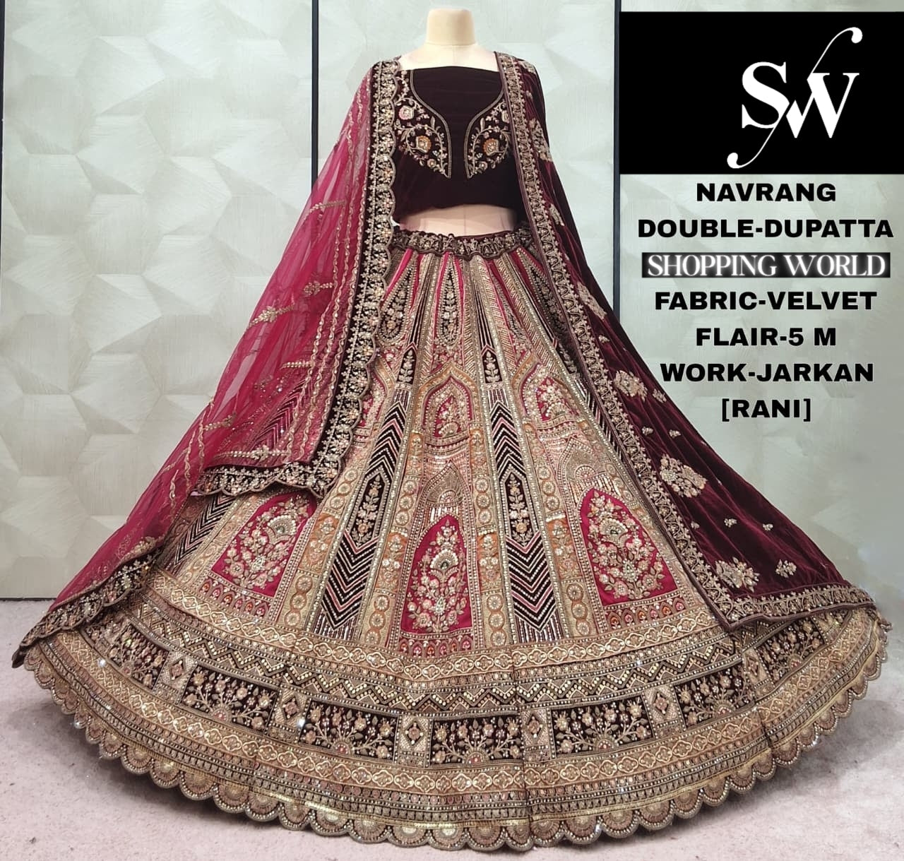Engaging Dark maroon Double Duptta Velvet Bridal Lehenga