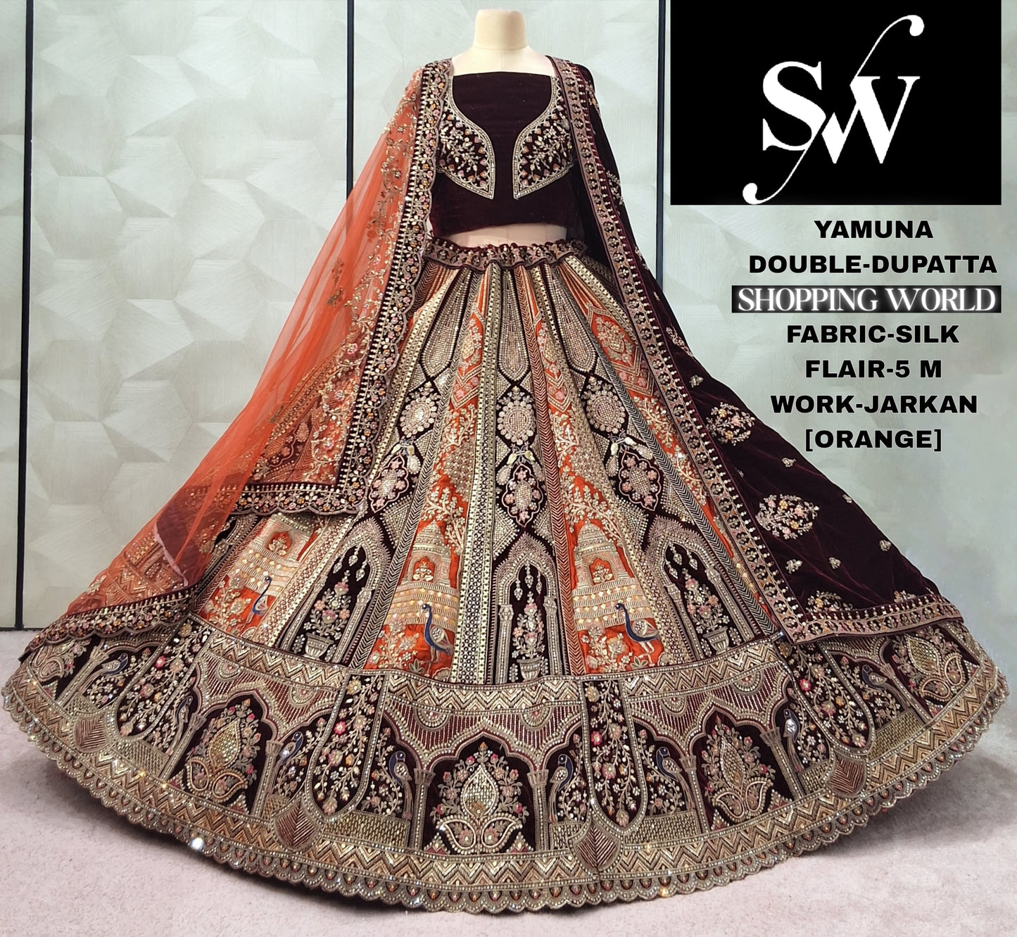 Lavishing maroon peacock Double Duptta Velvet Bridal Lehenga