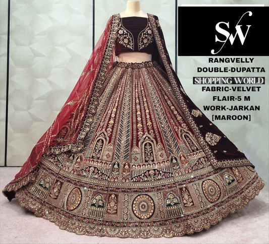 Embellished Maroon Double Duptta Velvet Bridal Lehenga