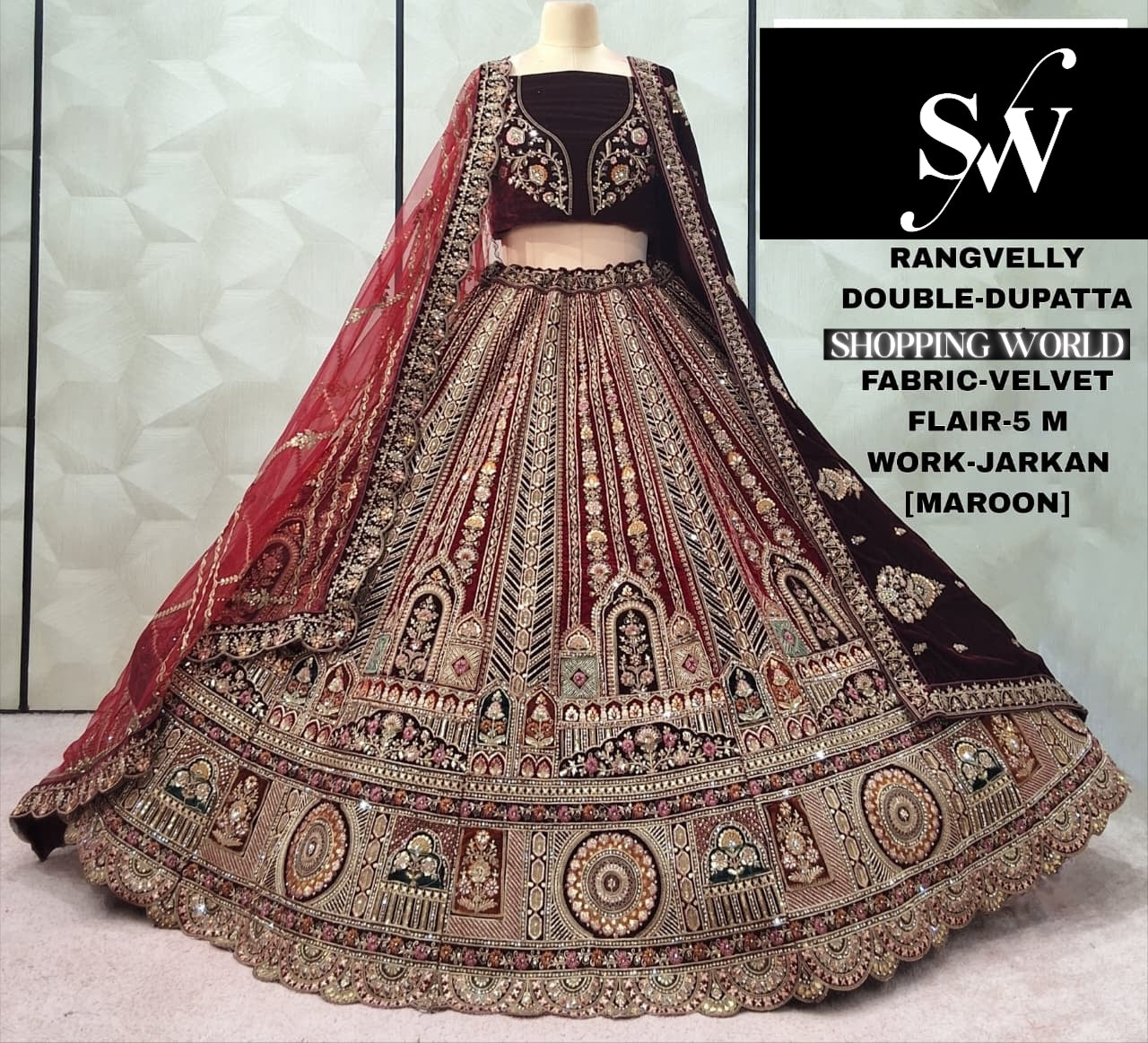 Delightful Rust orange maroon Double Duptta Velvet Bridal Lehenga