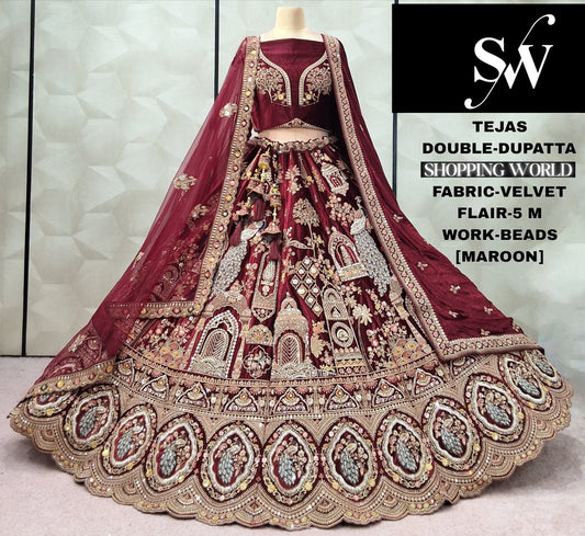 Khoobsurat maroon peacock Double Duptta Velvet Bridal Lehenga