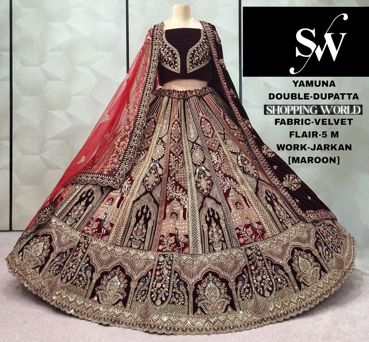 Pleasing Rani pink maroon peacock Double Duptta Velvet Bridal Lehenga