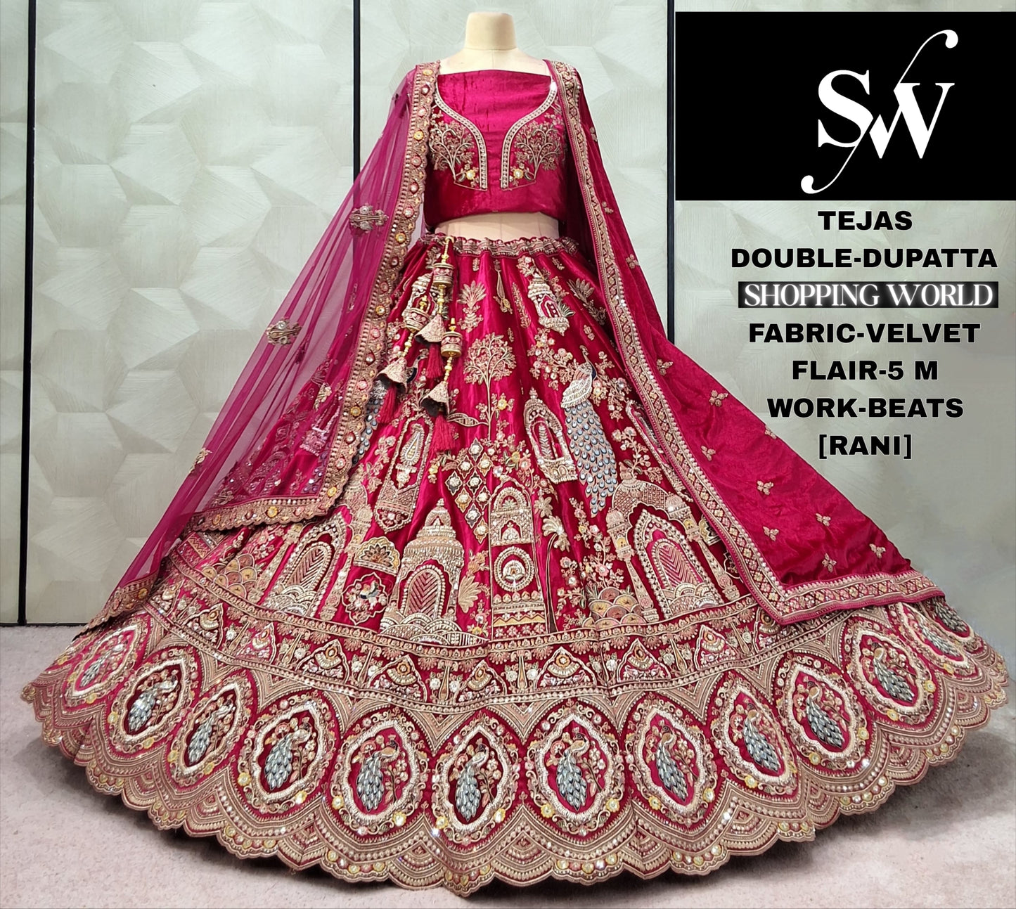 Khoobsurat maroon peacock Double Duptta Velvet Bridal Lehenga