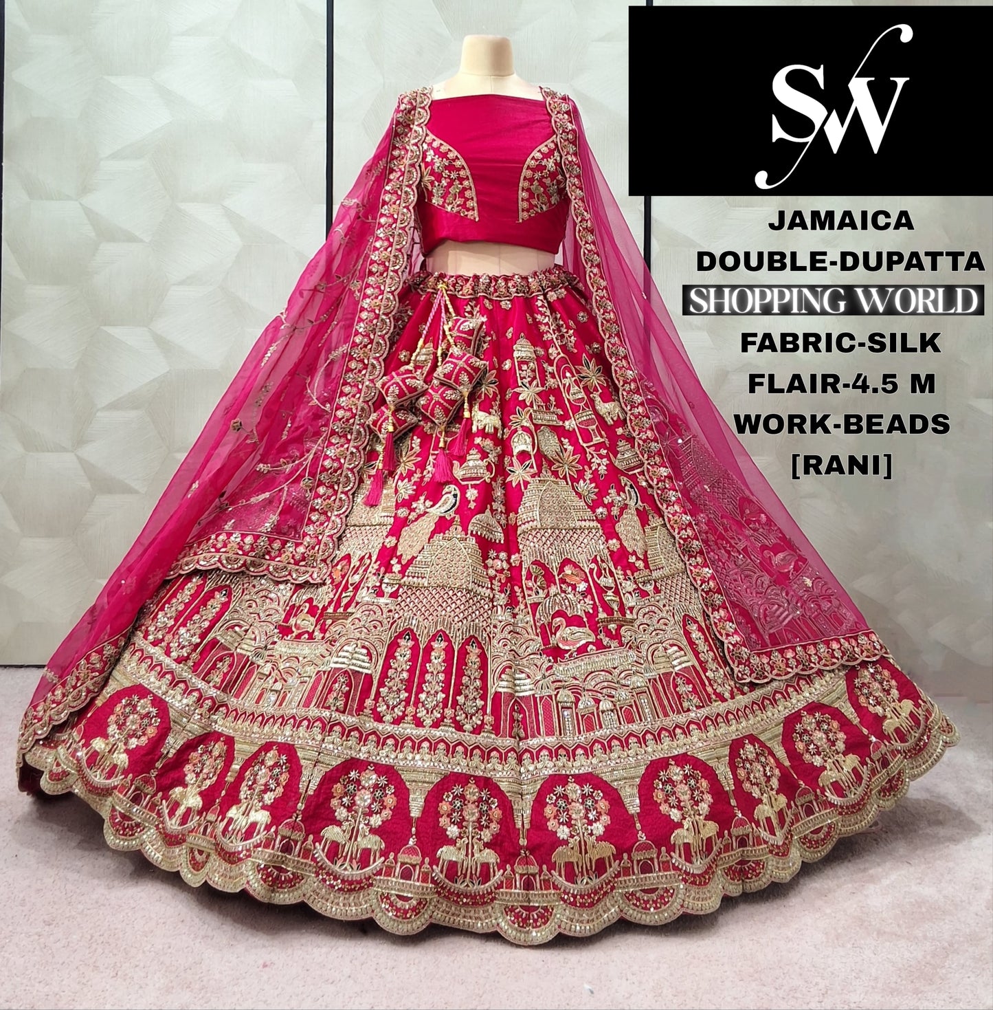 Glamorous Red Peacock Double Duptta Silk Bridal lehenga
