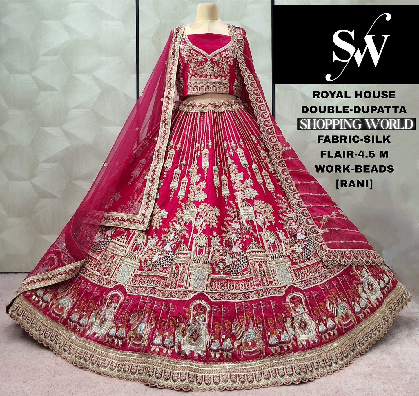Astonishing Red Peacock Double Duptta Silk Bridal lehenga