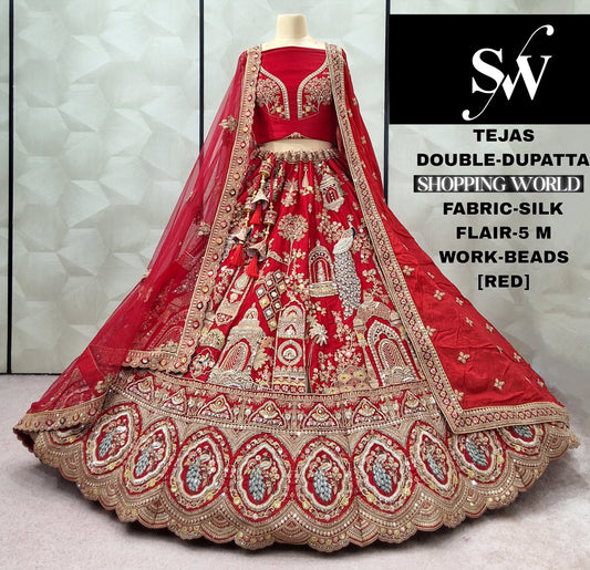 Astonishing red peacock Double Duptta Silk Bridal lehenga