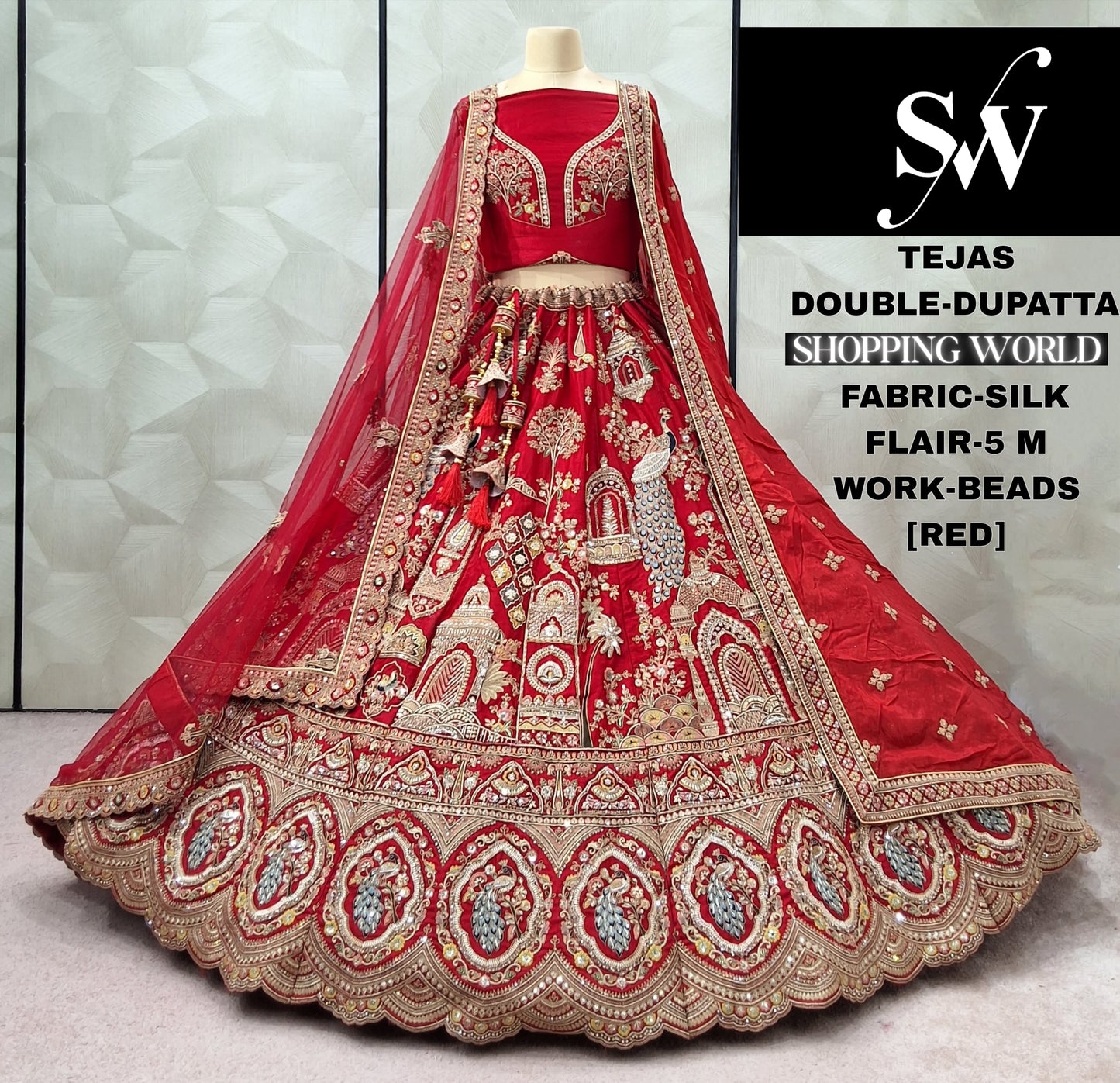 Fabulous Rani pink peacock Double Duptta Silk Bridal lehenga
