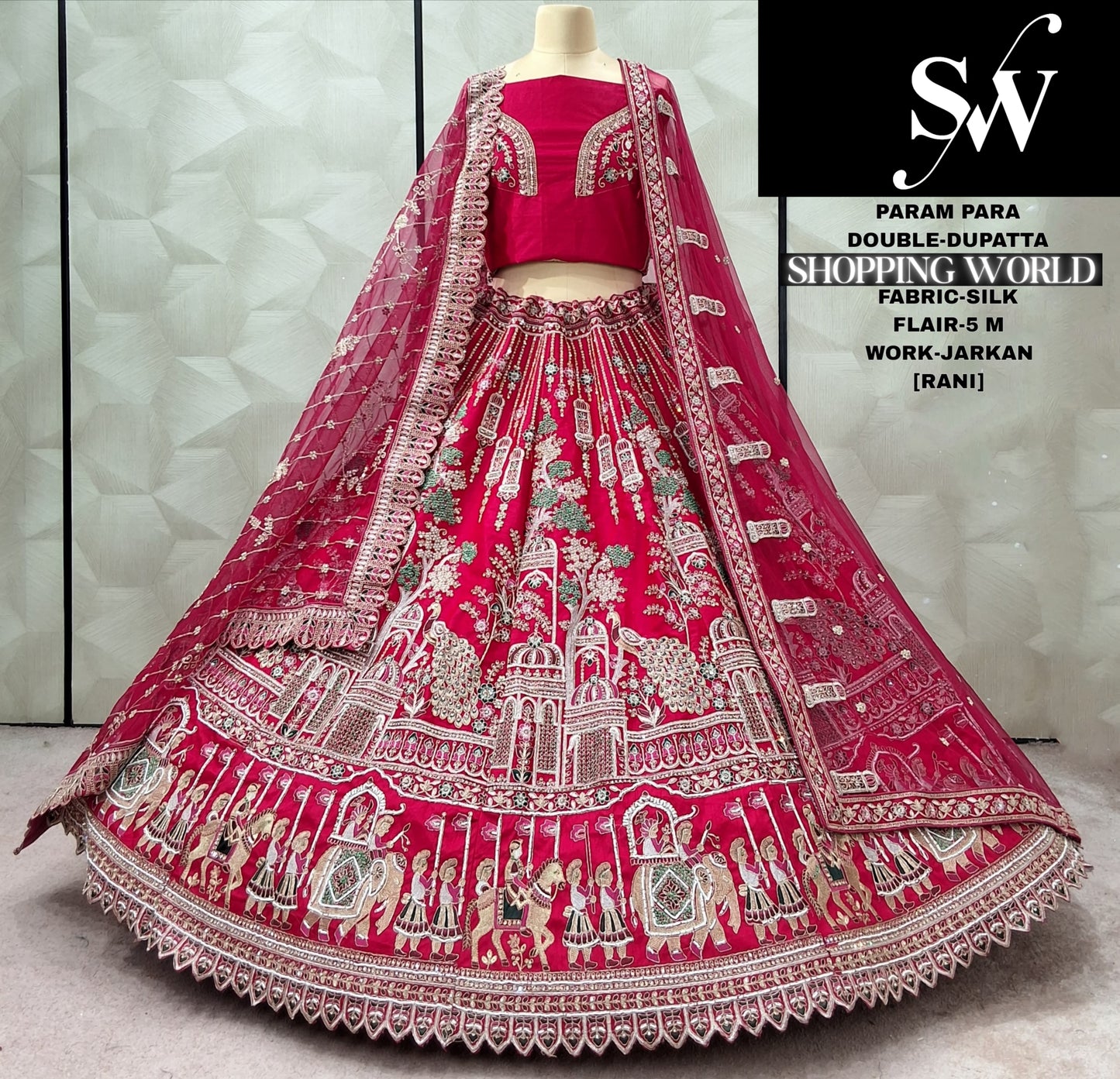 Engaging Red peacock Double Duptta Silk Bridal lehenga