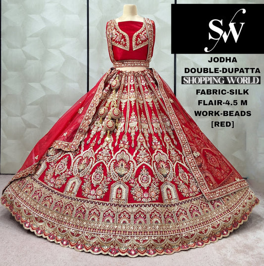 Elegant Red Double Duptta Silk Bridal lehenga