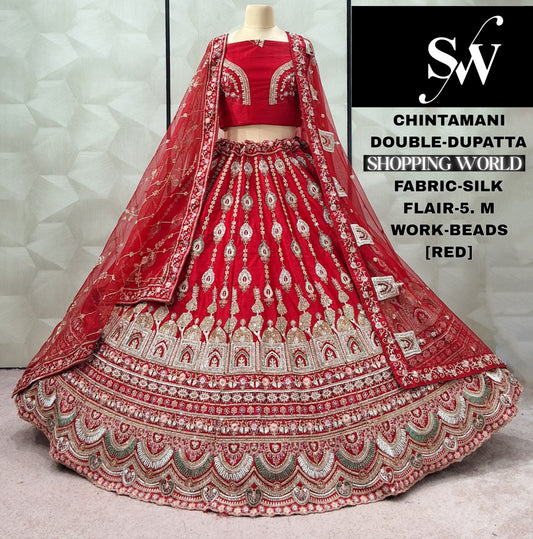 Charming Red Double Duptta 5 metre flair Silk Bridal lehenga