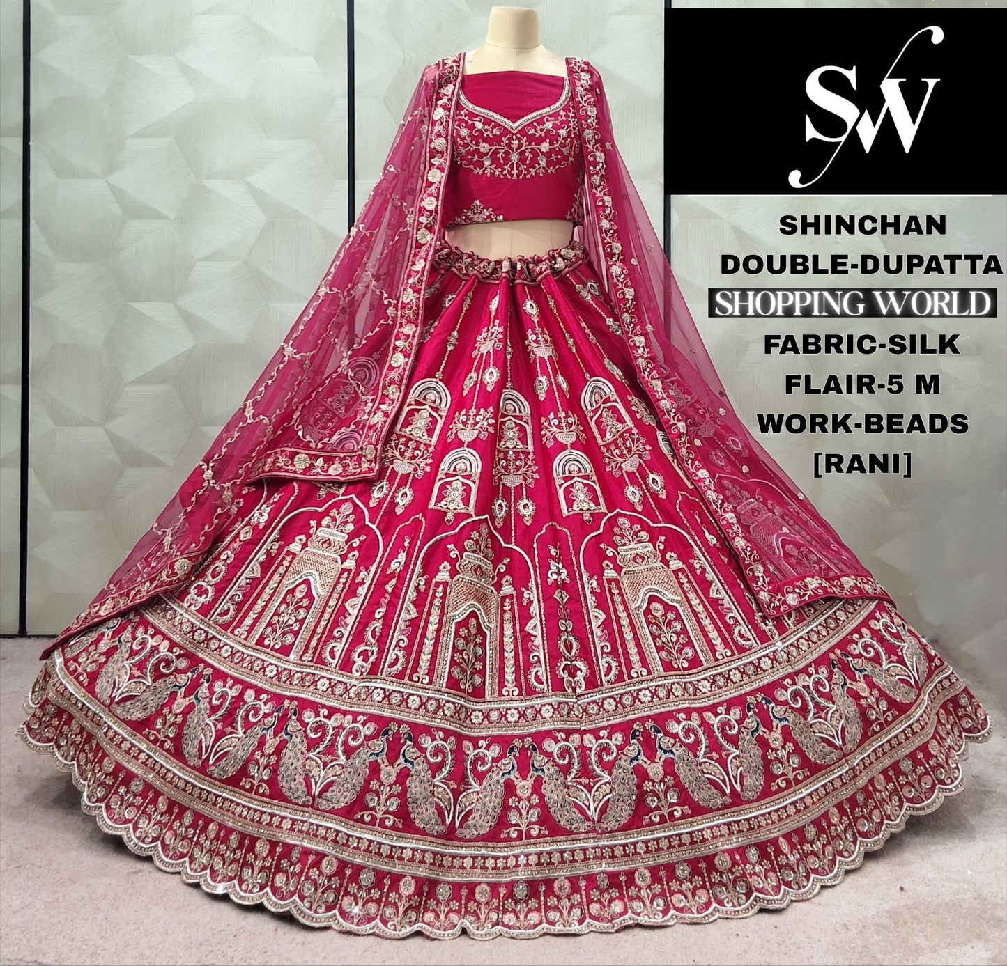 Khoobsurat Red Peacock Double Duptta 5 metre flair Silk Bridal lehenga