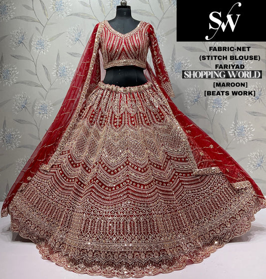 Engaging Maroon Beats Work Net crop top Lehenga