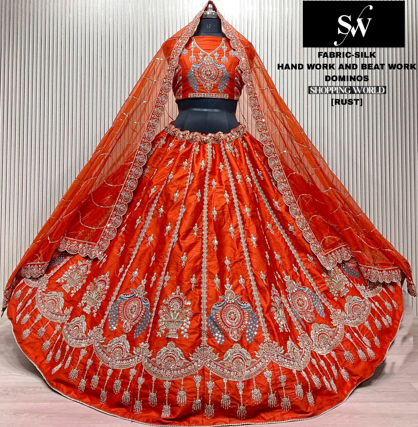 Embellished Red peacock Silk Bridal Lehenga