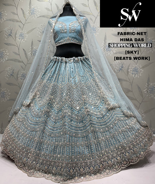 Engaging Sky blue Beats work Net Lehenga