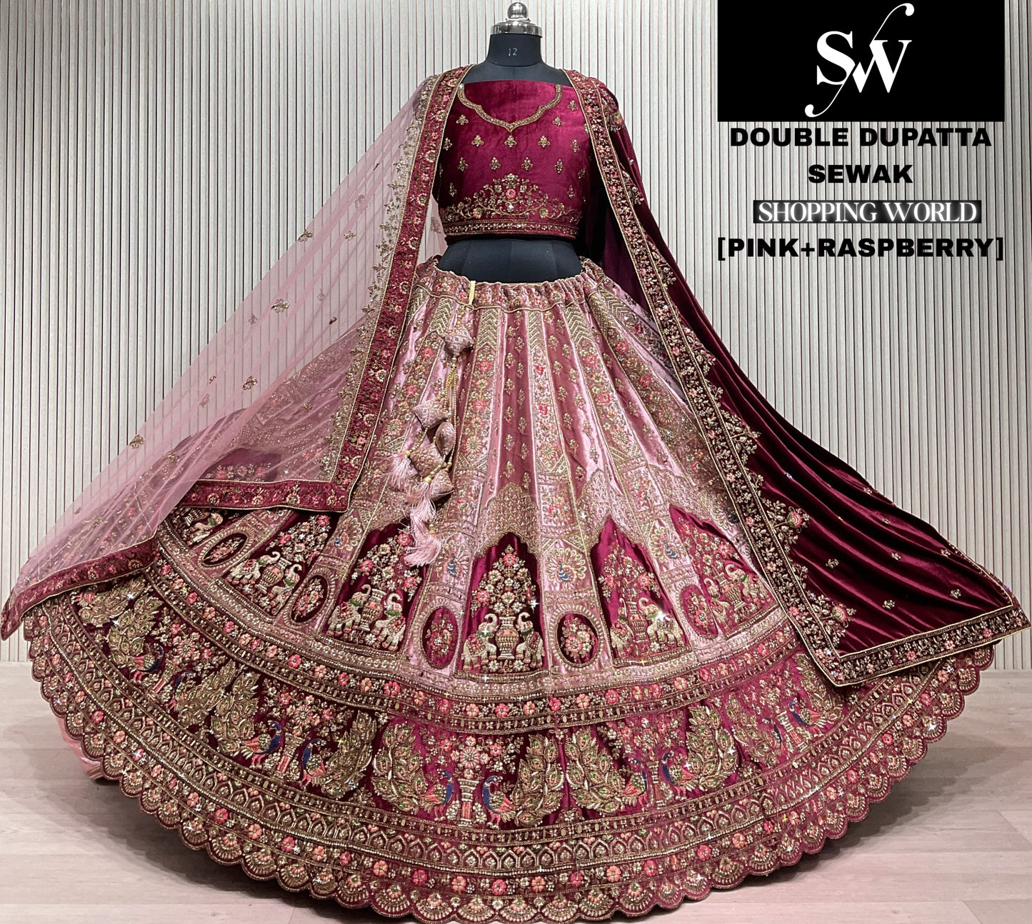 Designer pink peach Double Duptta Bridal Lehenga