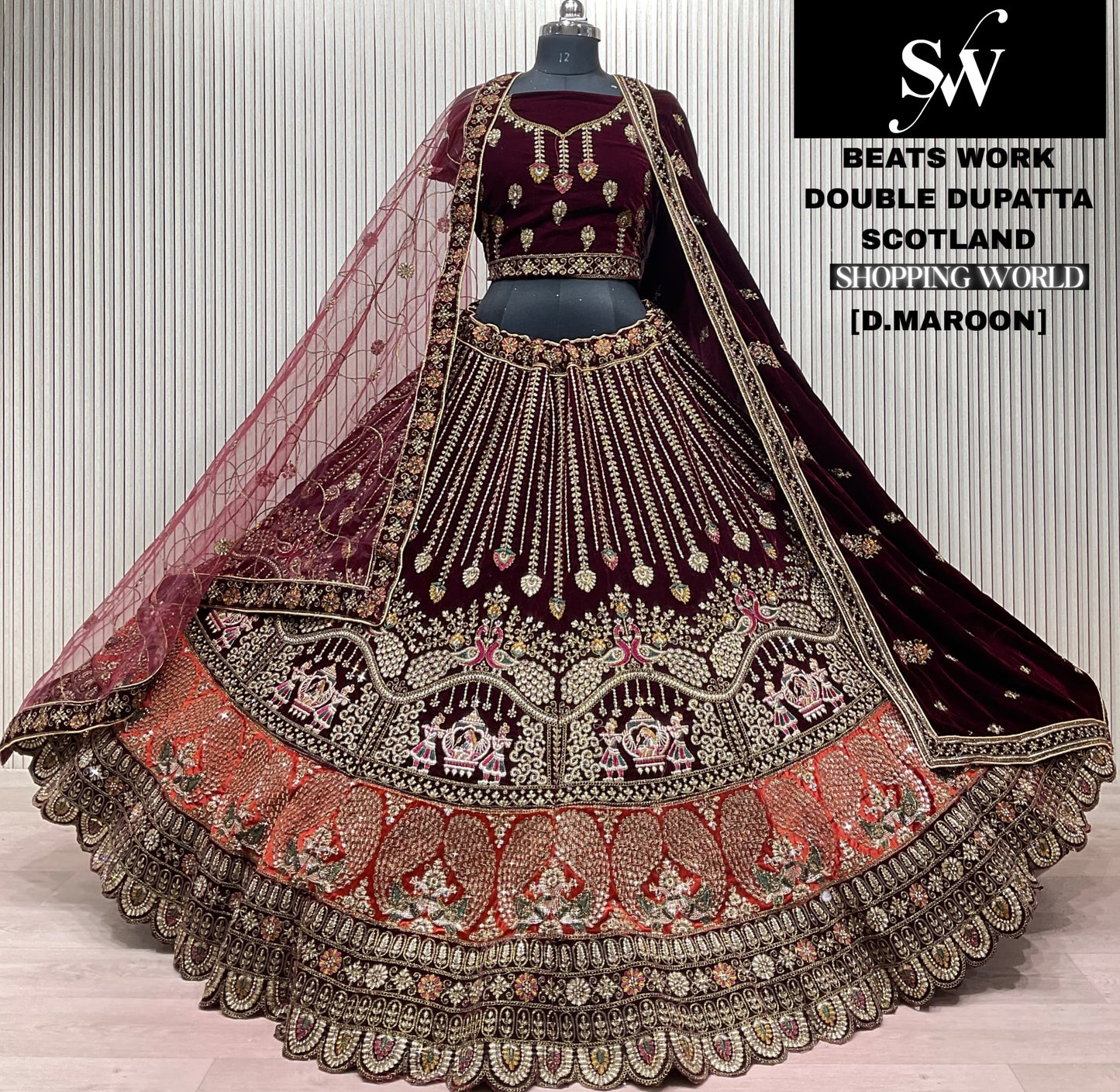 Tremendous light maroon jhumka Double Duptta Beats work Bridal Lehenga