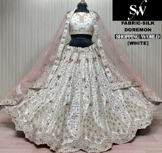 Elegant White peacock Silk Lehenga