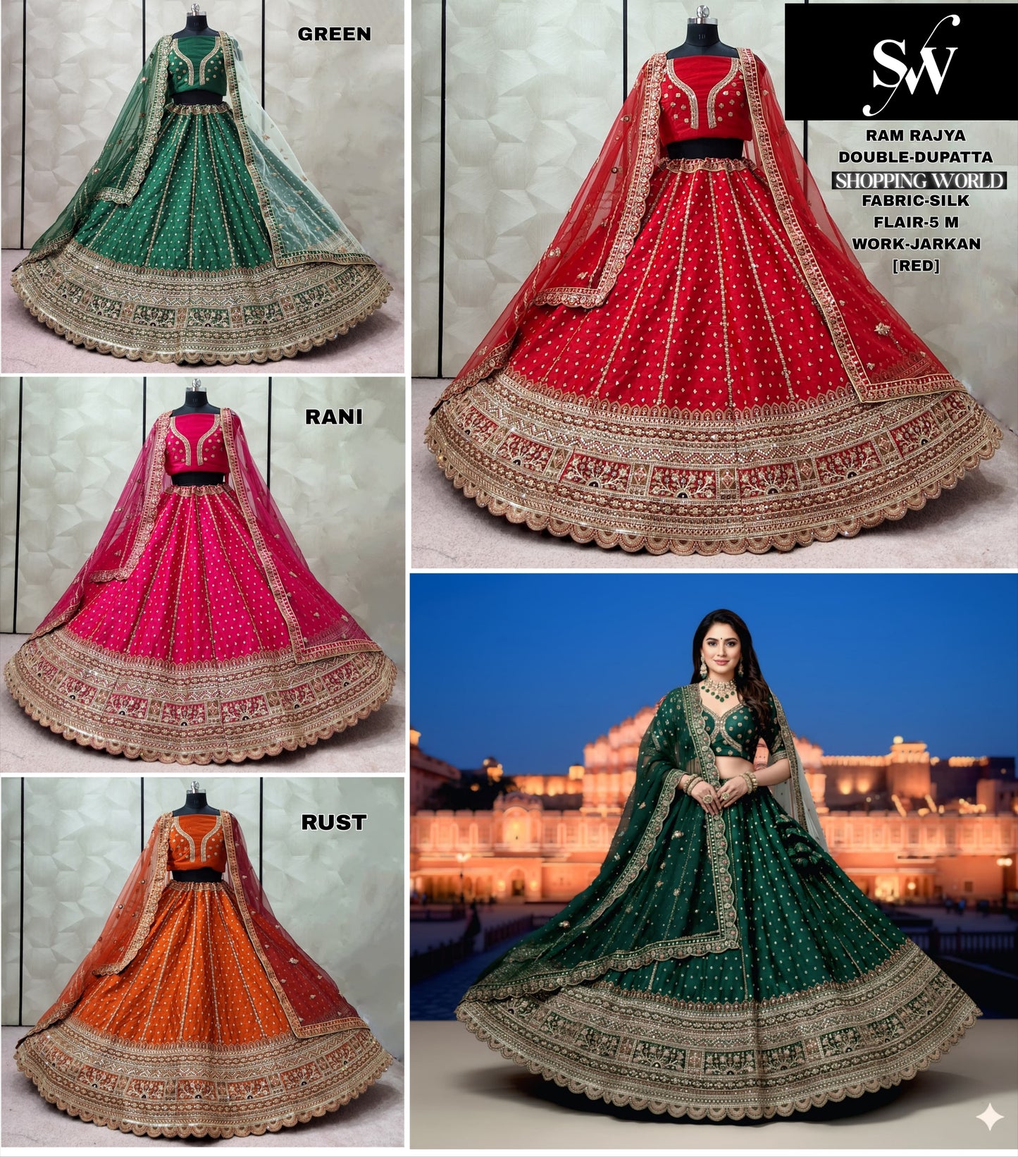 Glamorous Red Rani pink Green Rust Orange Double Dupatta Silk Bridal Lehenga