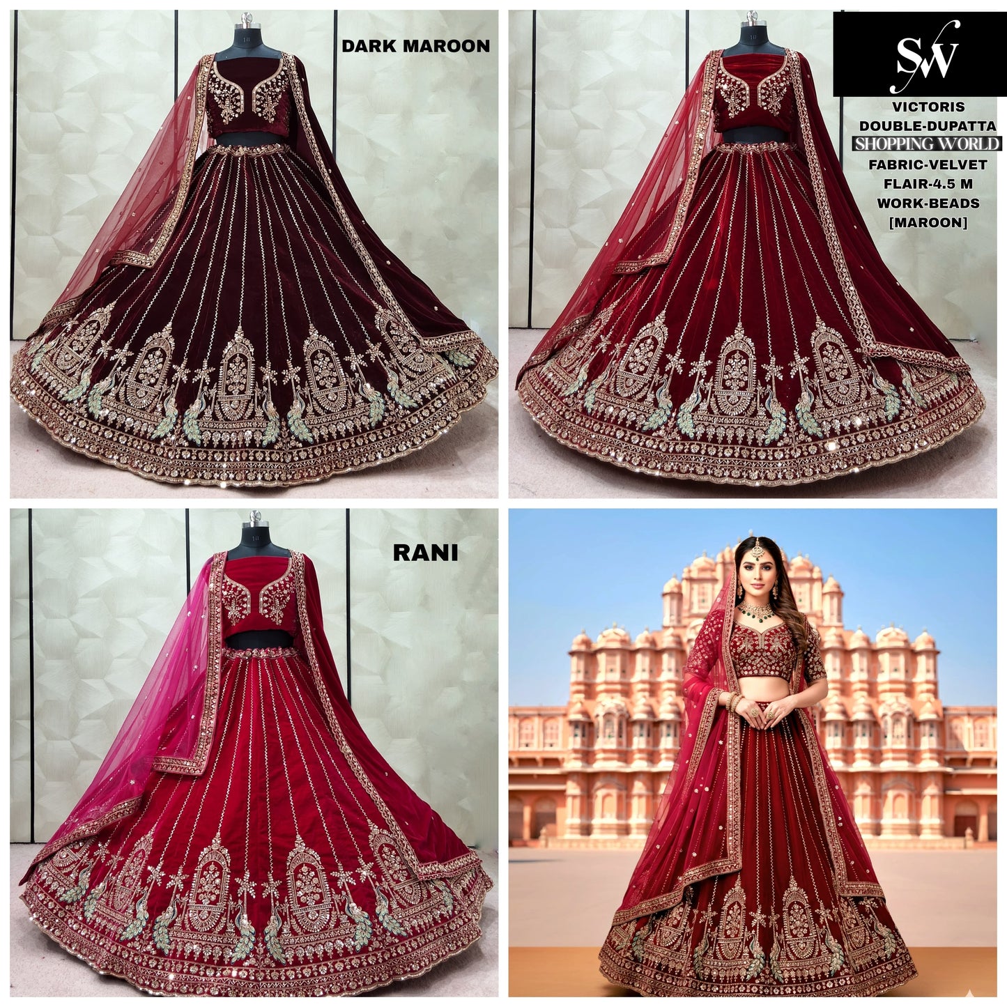 Attractive Dark Maroon Maroon Rani pink Peacock Velvet Double Dupatta Bridal Lehenga