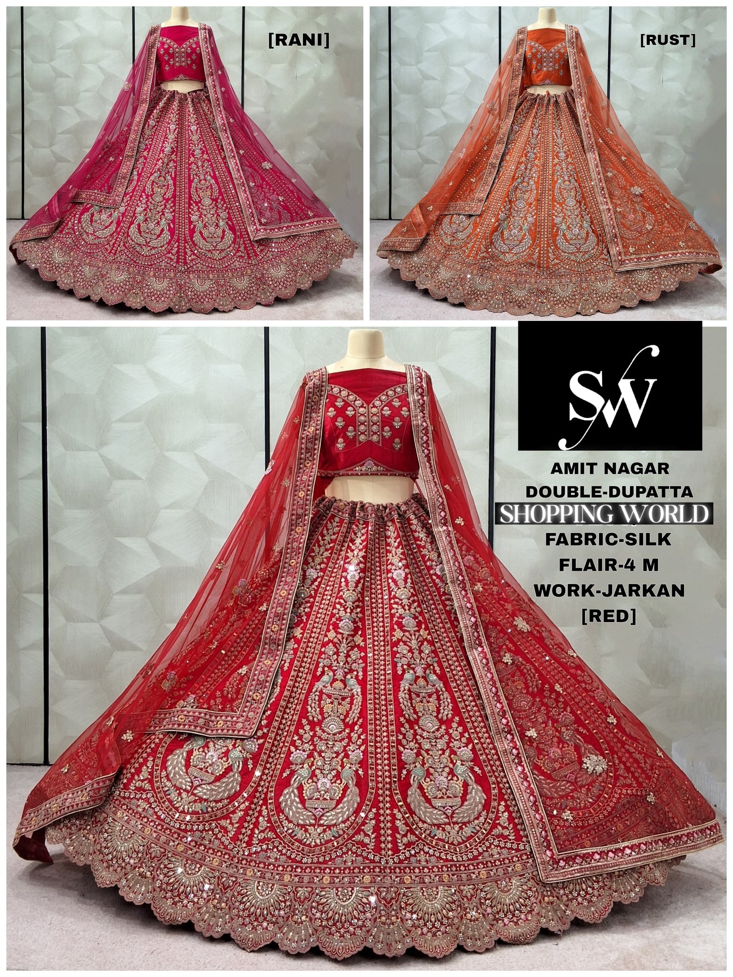 Lovely Rani pink Red Rust Orange Double Duptta peacock Silk Bridal Lehenga
