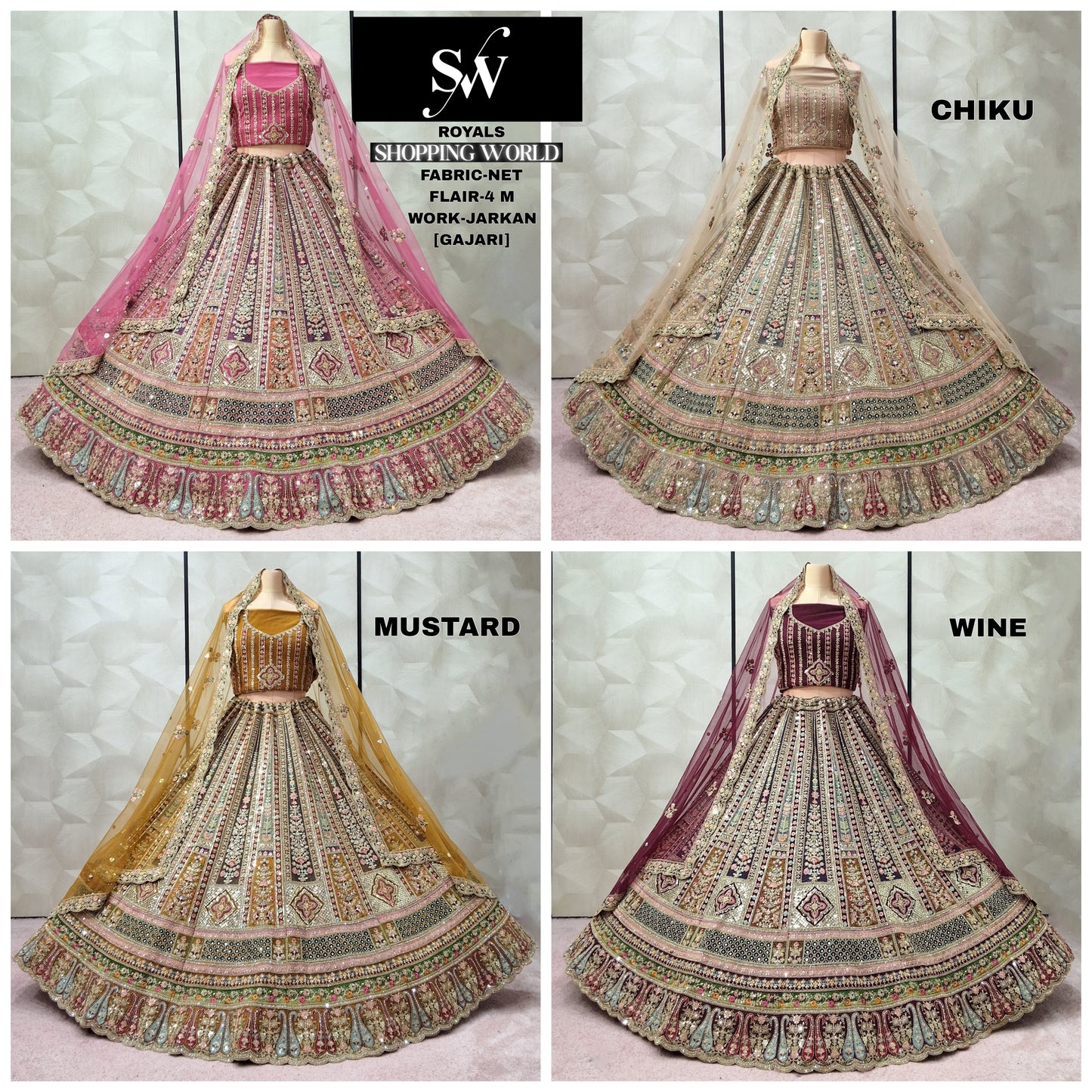 Good looking Chiku golden Gajri pink Yellow Mustard Wine Net Lehenga