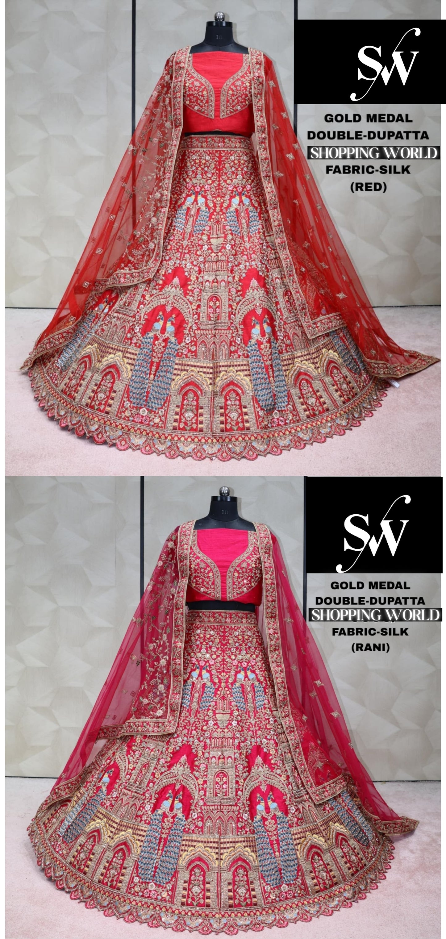 Khoobsurat Red Rani pink peacock Silk Double Duptta Bridal Lehenga