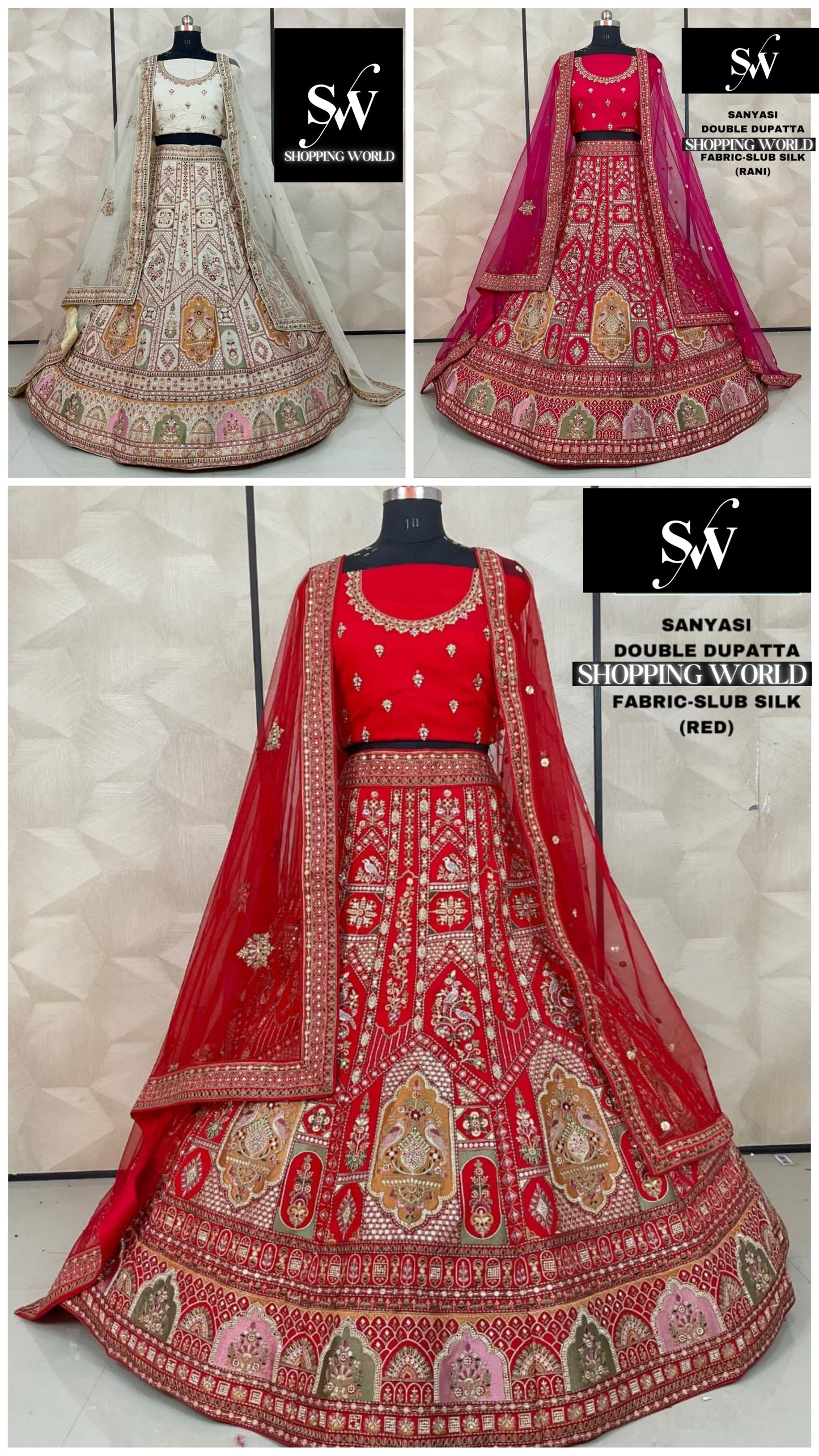 Engaging Red Rani pink White Double Dupatta Slub Silk Bridal Lehenga