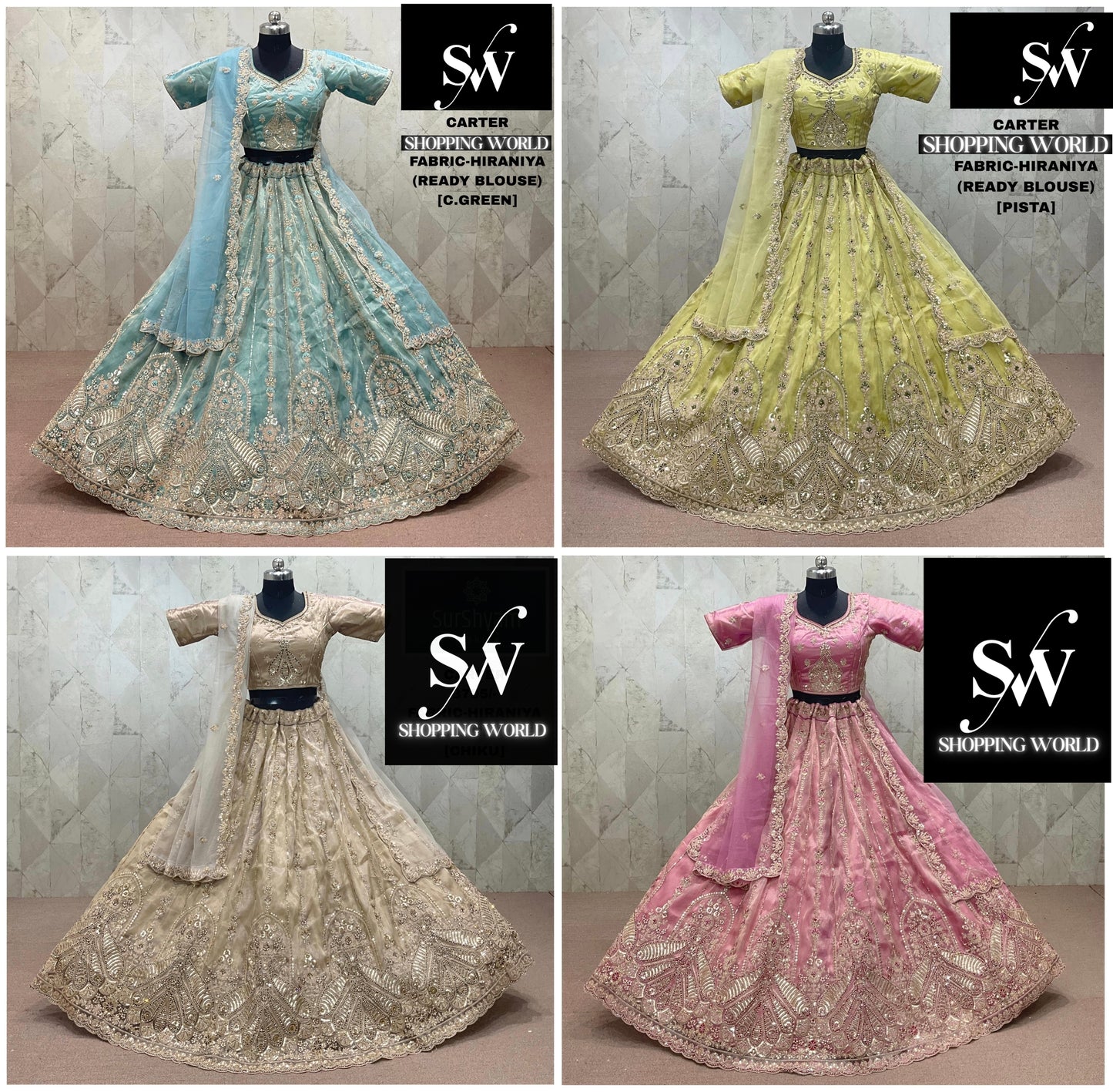 Something Sea blue green Pink pista green Chiku golden Hiraniya Lehenga