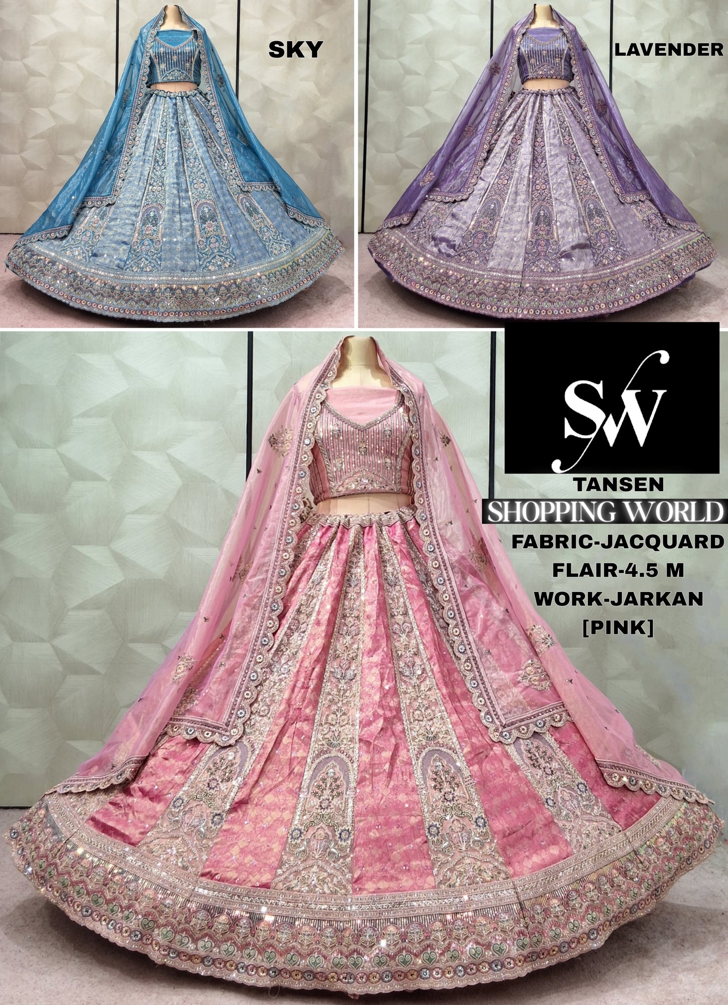 Glamorous pink Sky blue Lavender Jacquard Lehenga