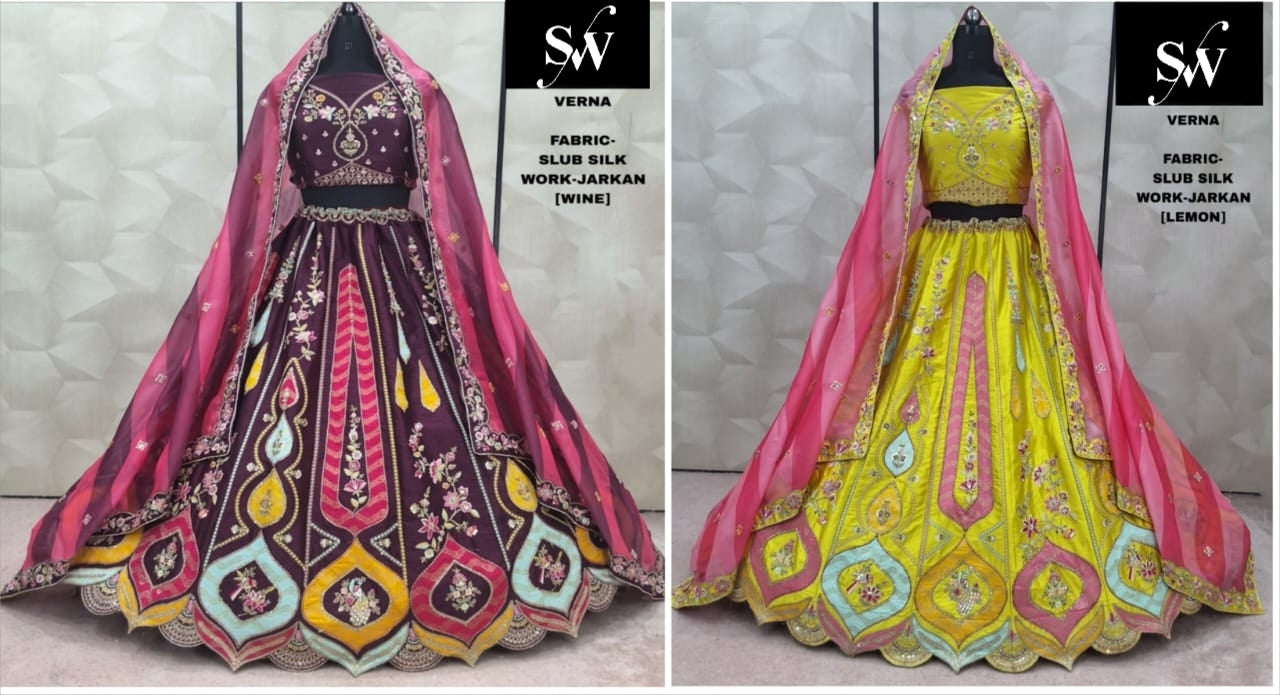 Elegant wine Lemon yellow Slub Silk Lehenga