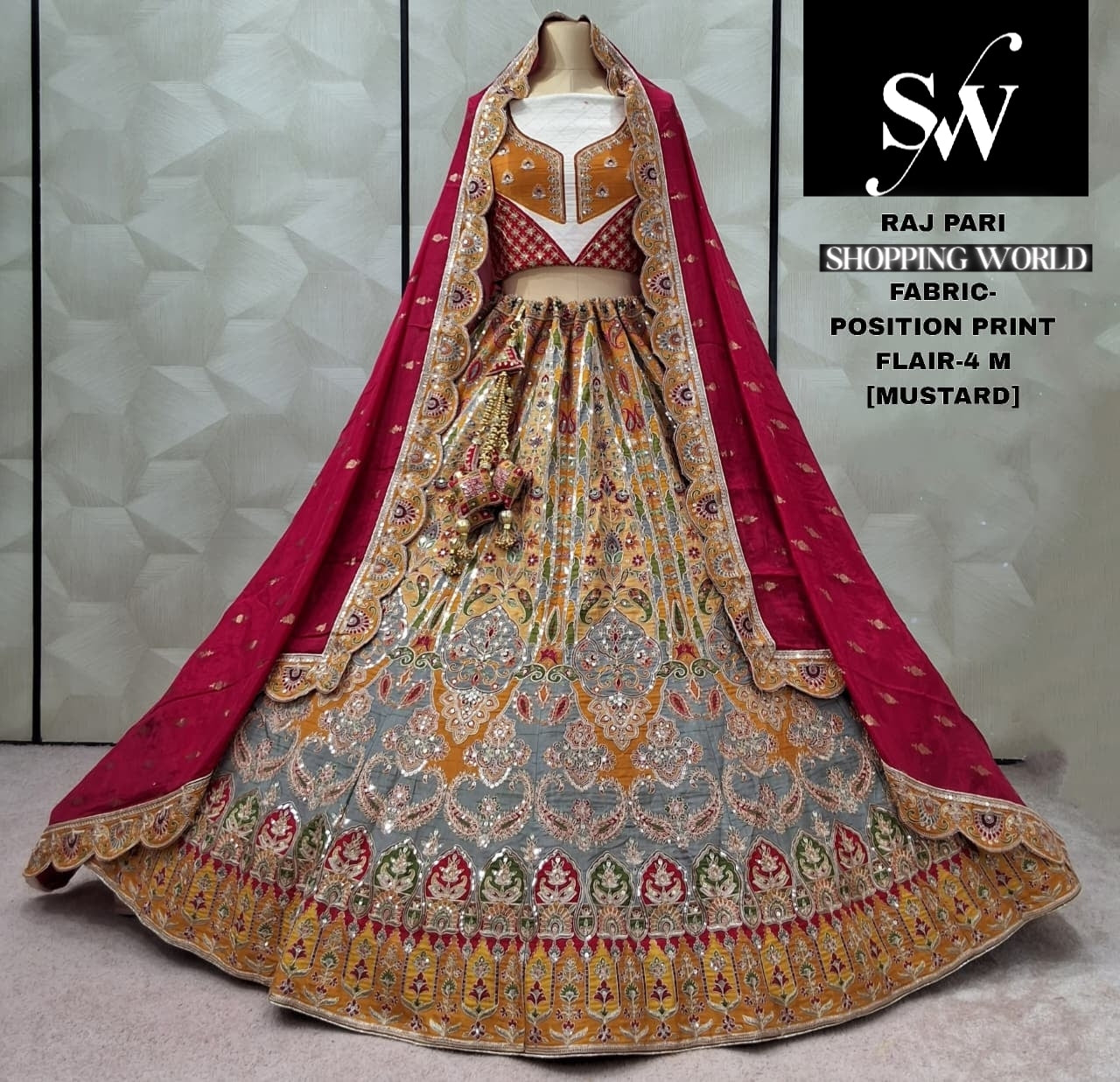 Delightful Mustard pink position print Lehenga