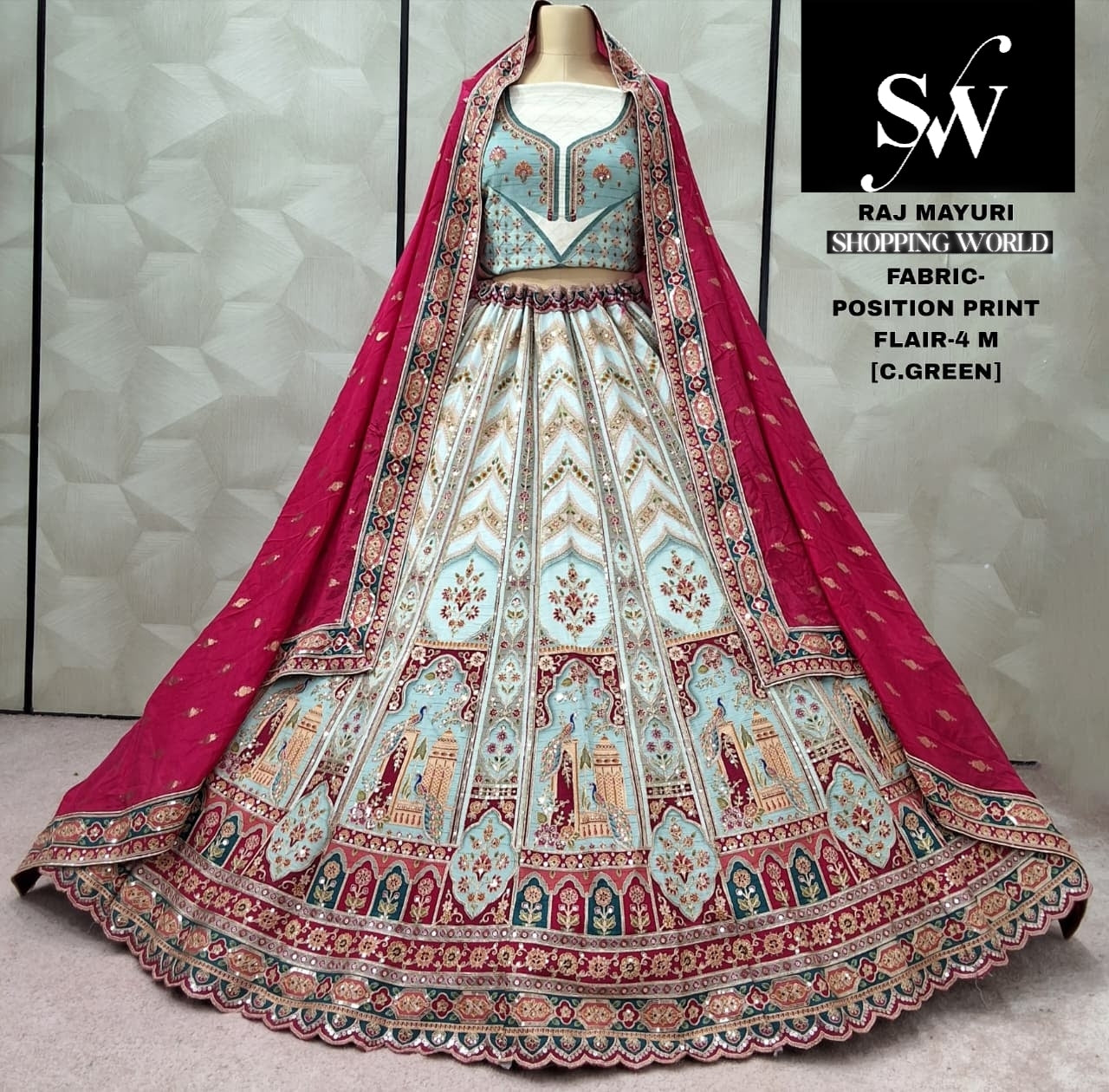 Khoobsurat peach Position print peacock Lehenga
