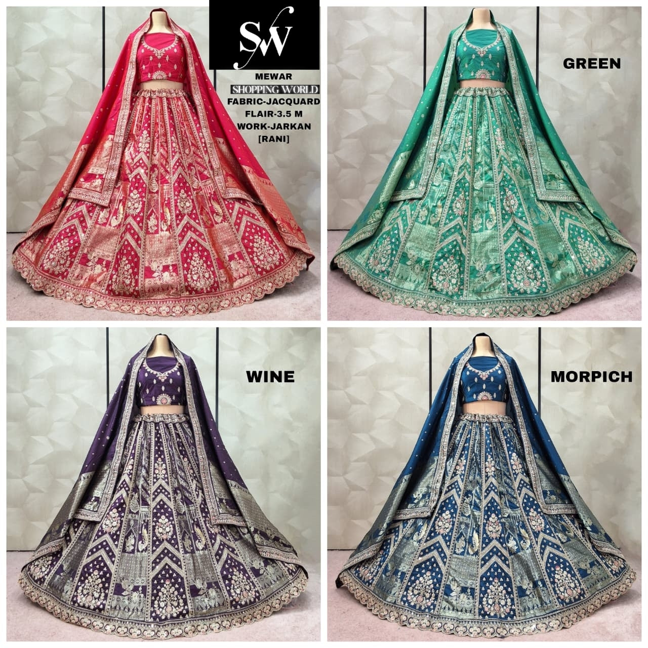 Lovely Rani pink Green Wine Morpich blue Jacquard Lehenga